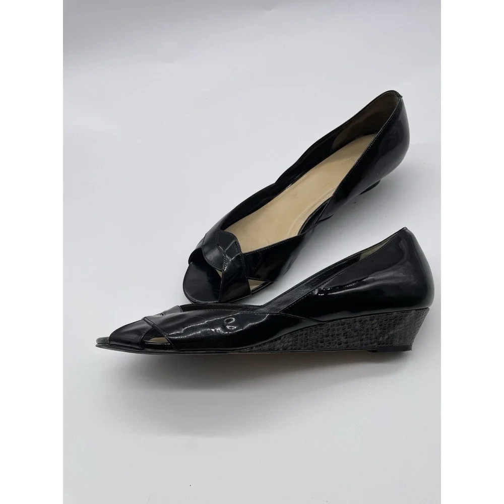 Cole Haan Black Patent Leather Peep-Toe Wedge Flats